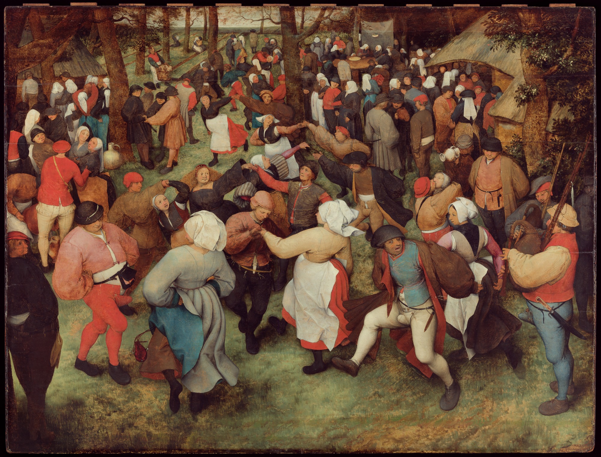 Bruegel's The Wedding Dance shows a crowded outdoor wedding celebration with peasants dancing among trees and tables.