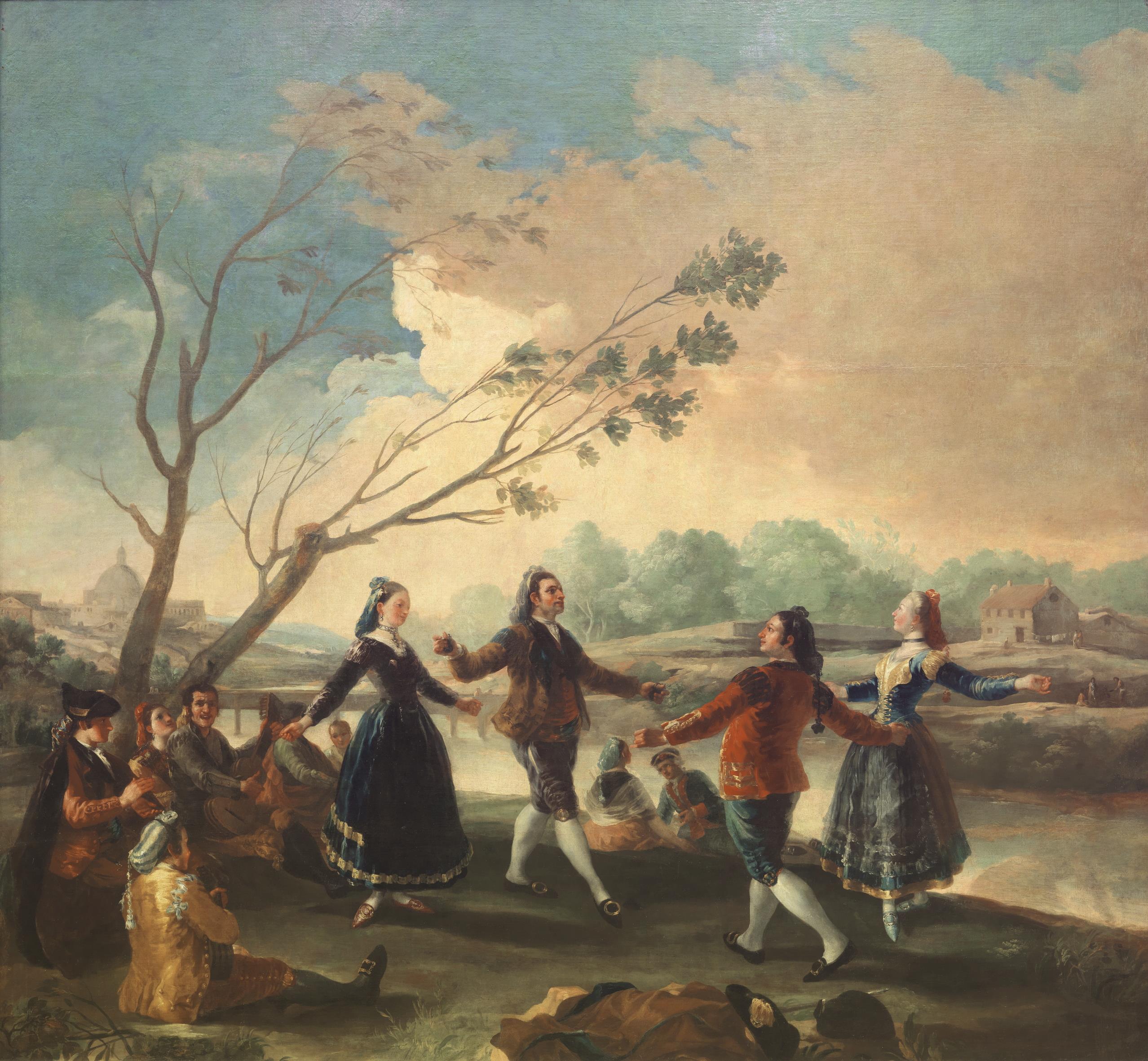 Goya's Dance on the Banks of the Manzanares shows four figures dancing beside the river while seated musicians play nearby.