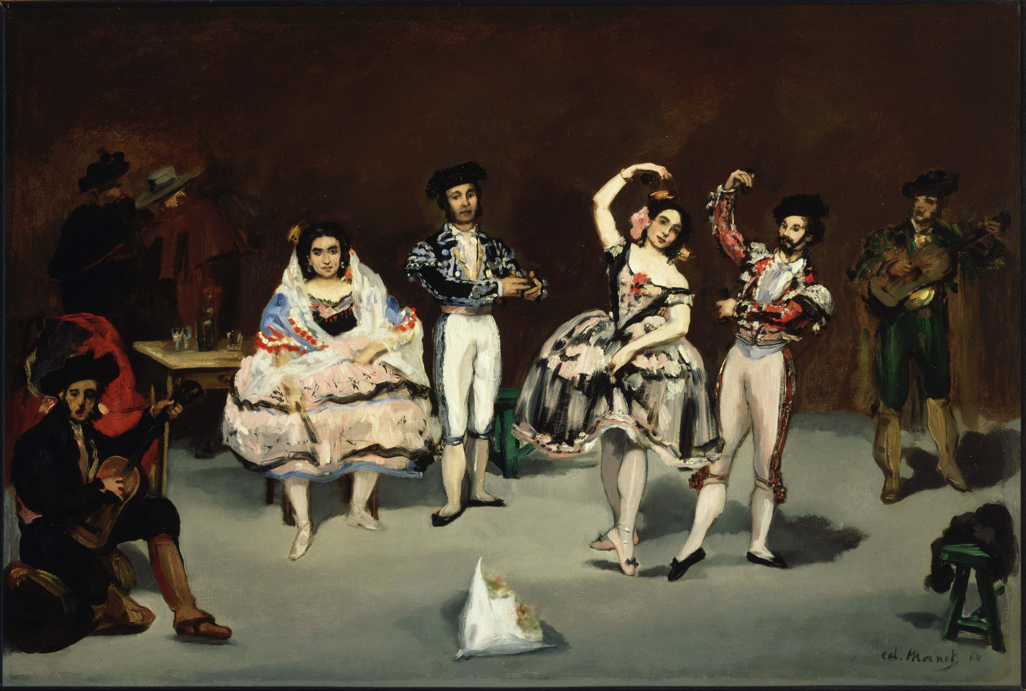 Manet's Spanish Ballet shows dancers and musicians from a Spanish troupe arranged across a shallow stage.