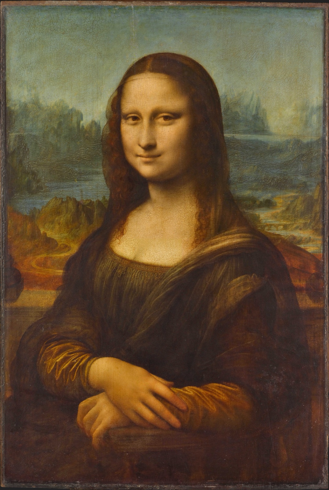 Half-length portrait of Lisa Gherardini seated before a hazy landscape
