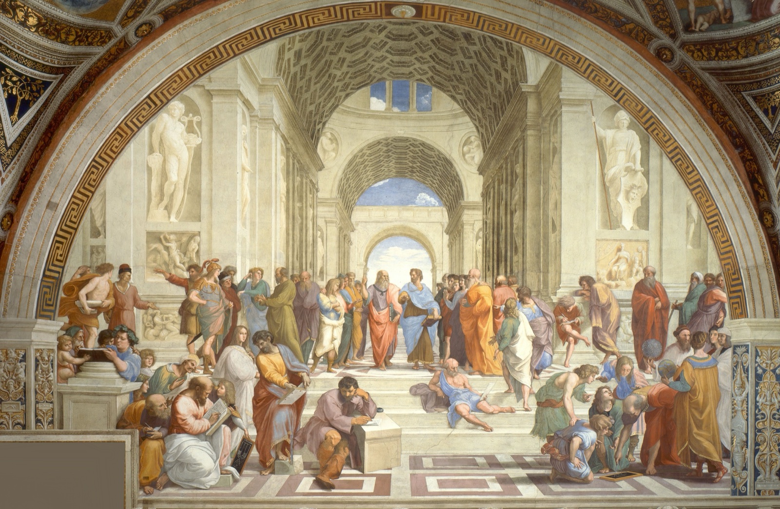 Plato and Aristotle walk at the centre among philosophers in a grand Renaissance hall