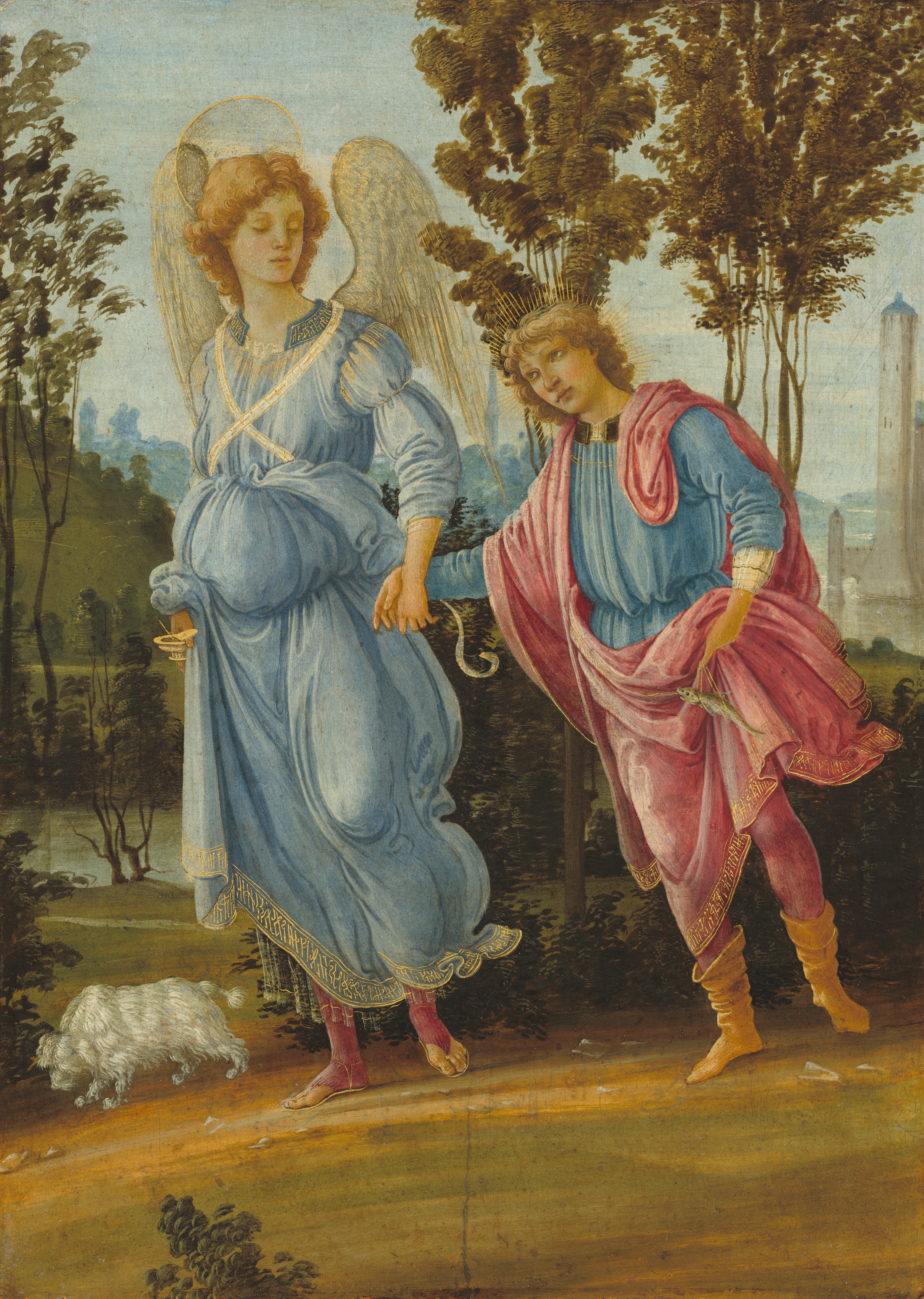 Filippino Lippi's Tobias and the Angel shows Tobias walking beside an angel while carrying a fish, with a small dog at their feet.