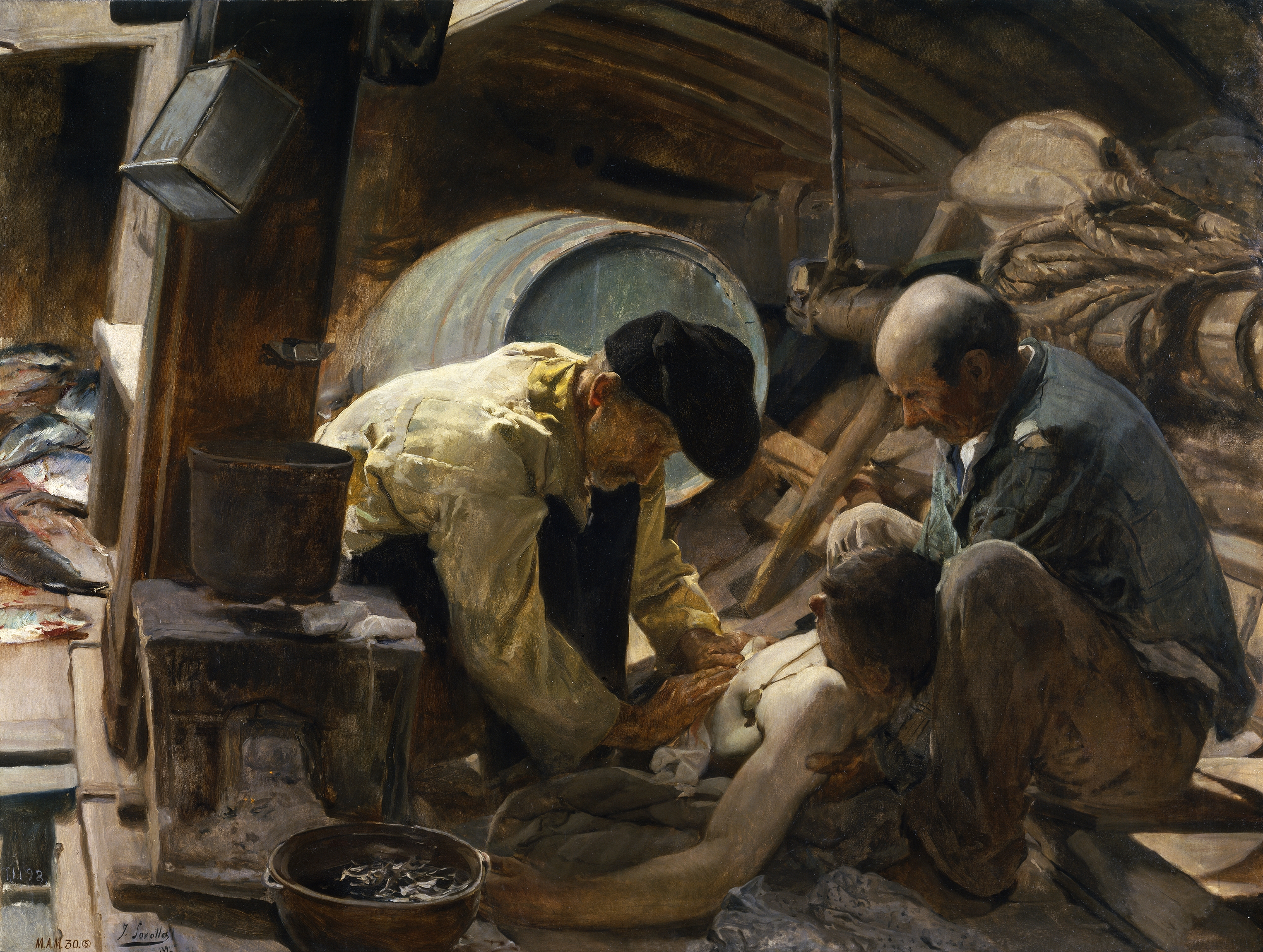 Sorolla's boat interior shows two fishermen tending an injured young man beside the day's catch.