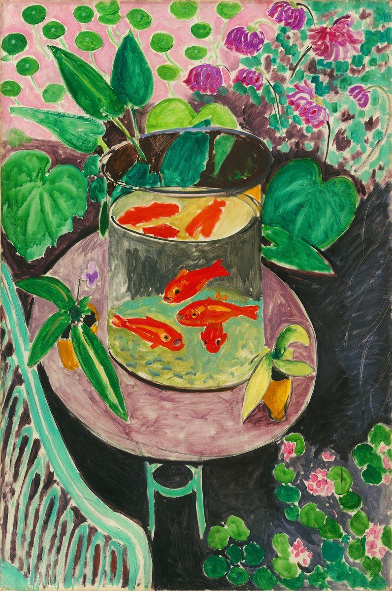Matisse's Gold Fish shows orange fish circling in a glass bowl amid vivid green foliage and studio furniture.