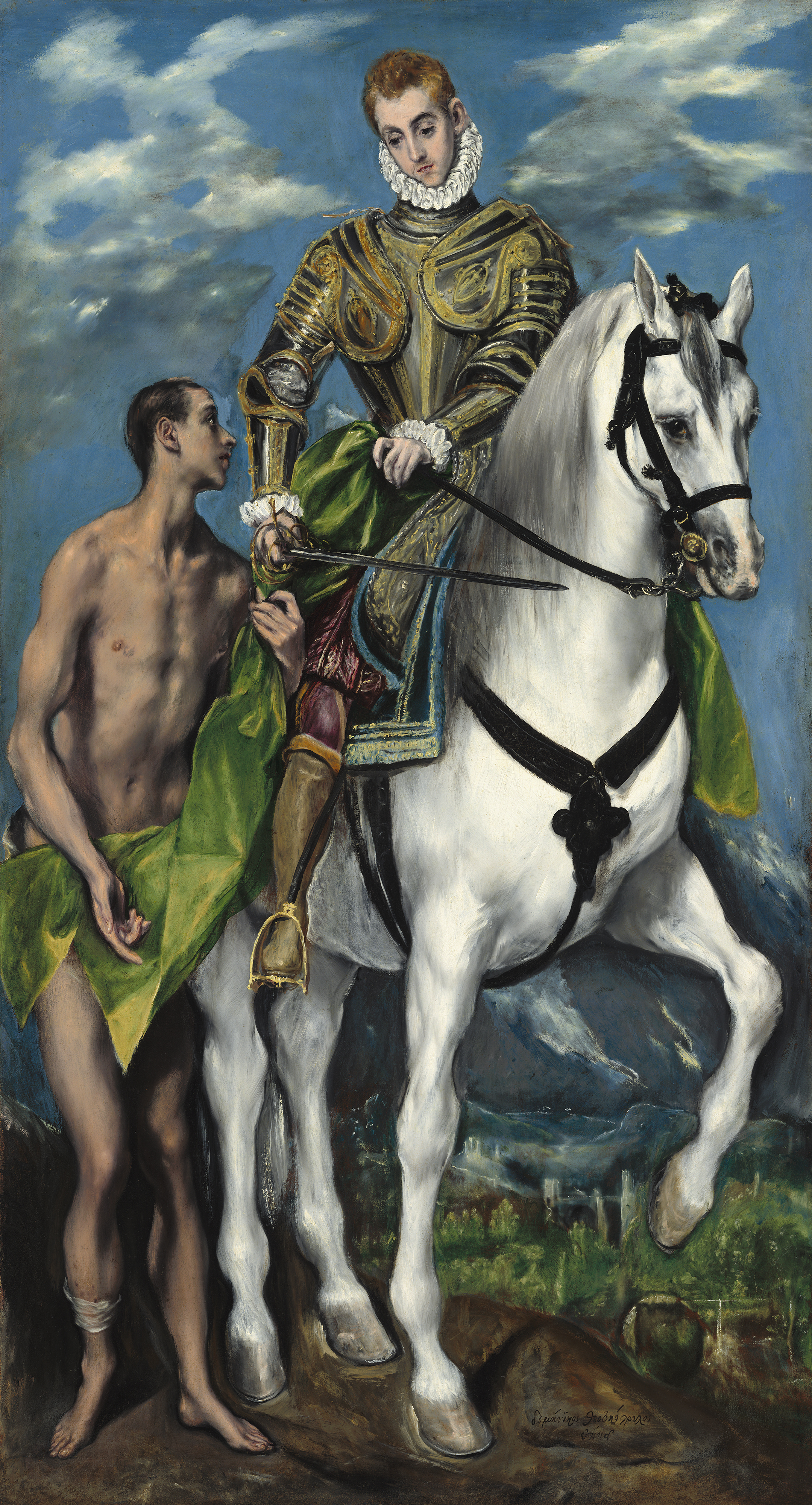 Saint Martin sits on a dark horse and cuts his green cloak for a nearly naked beggar in El Greco's tall painting.