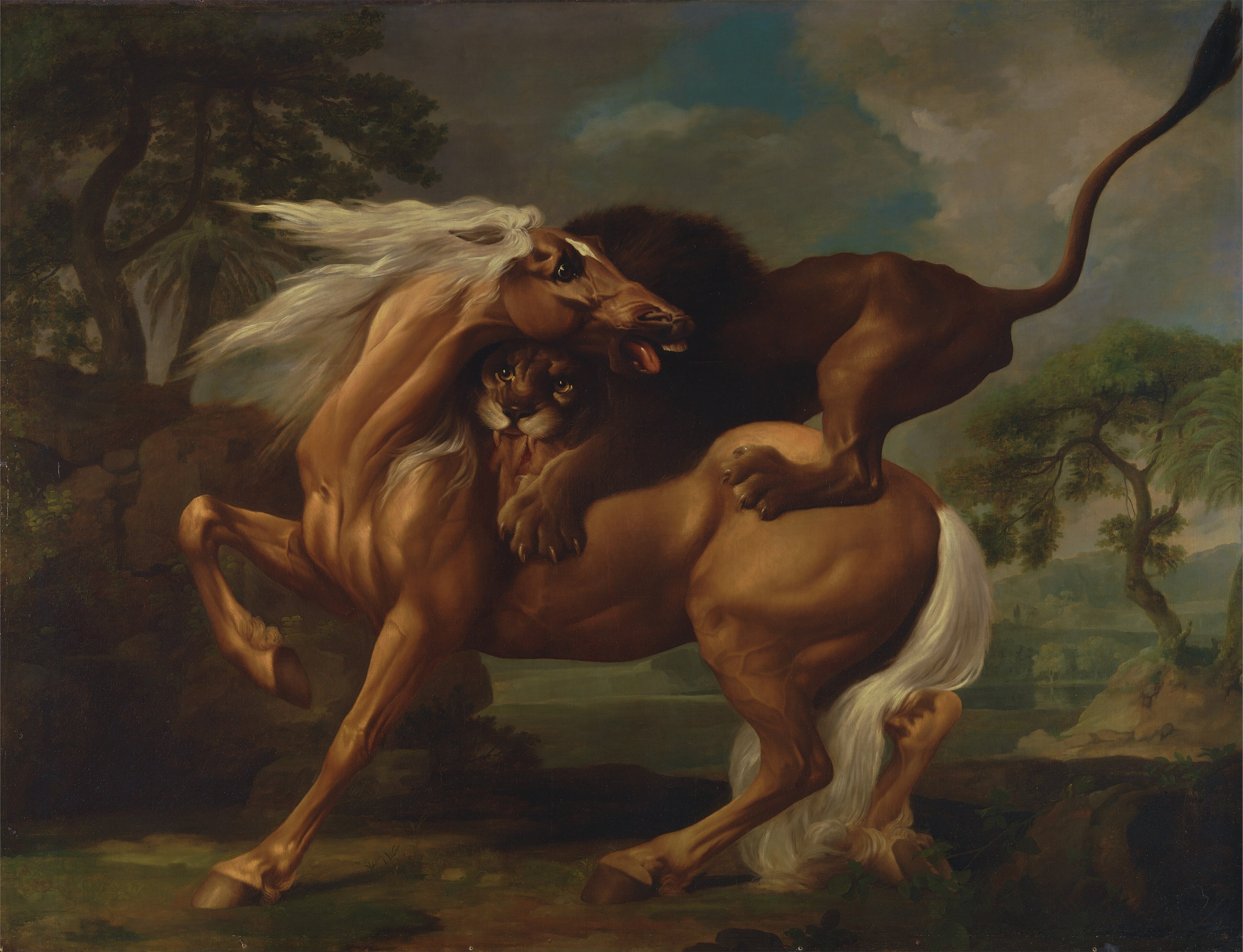 A pale horse twists in terror as a lion springs onto its back in George Stubbs's dark landscape.