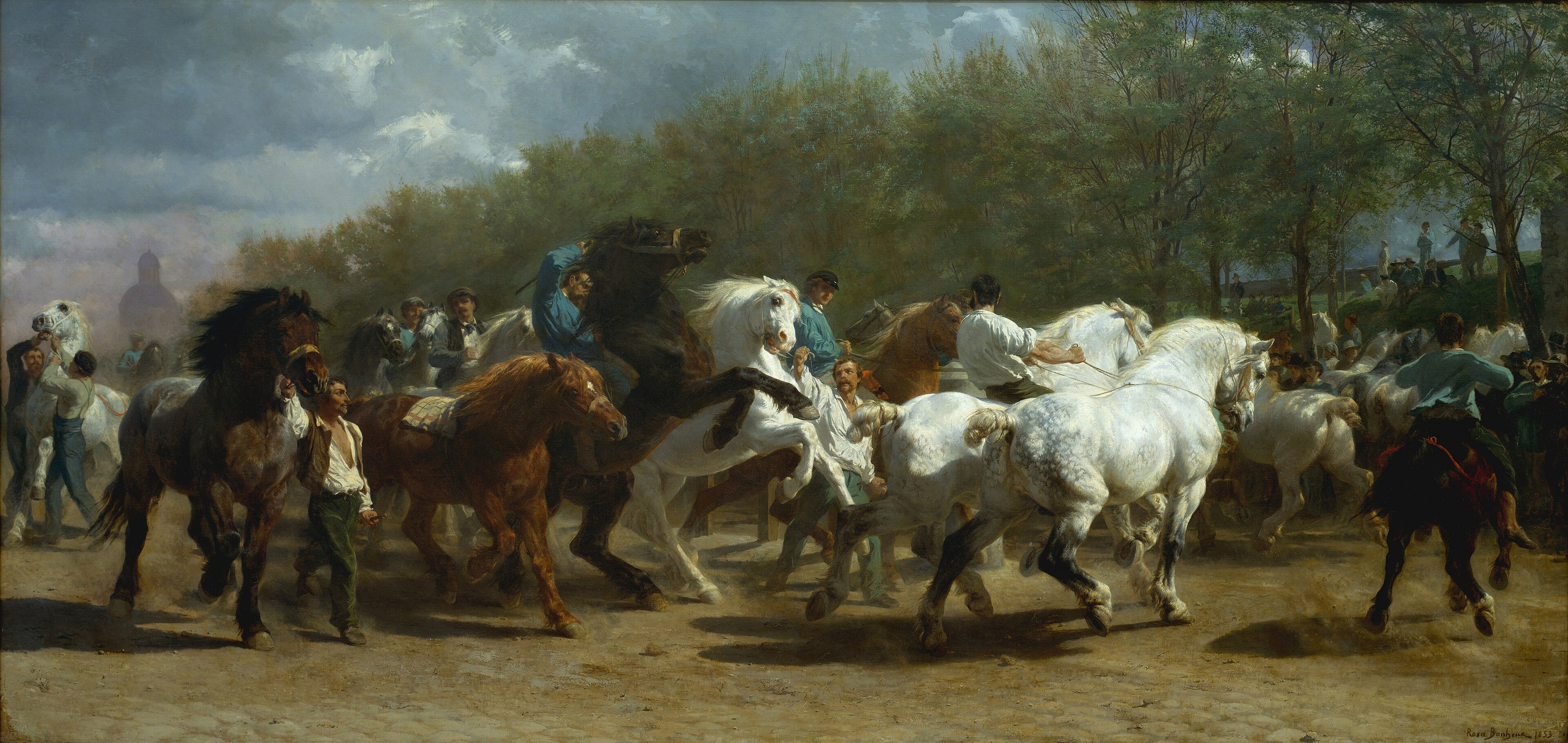 Handlers guide a dense group of powerful horses around a Paris horse market in Rosa Bonheur's wide painting.