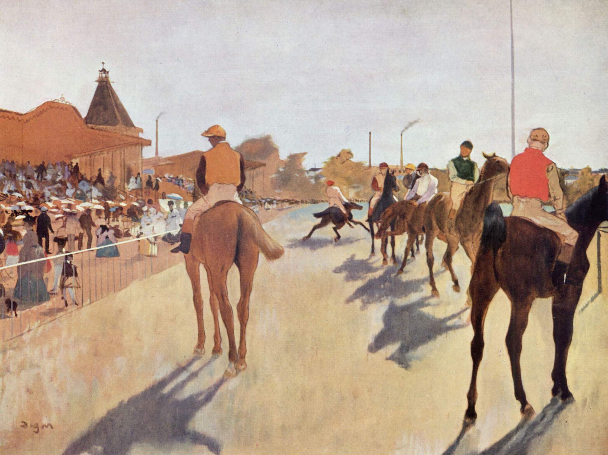 Jockeys wait on racehorses before distant grandstands in Edgar Degas's muted racetrack scene.