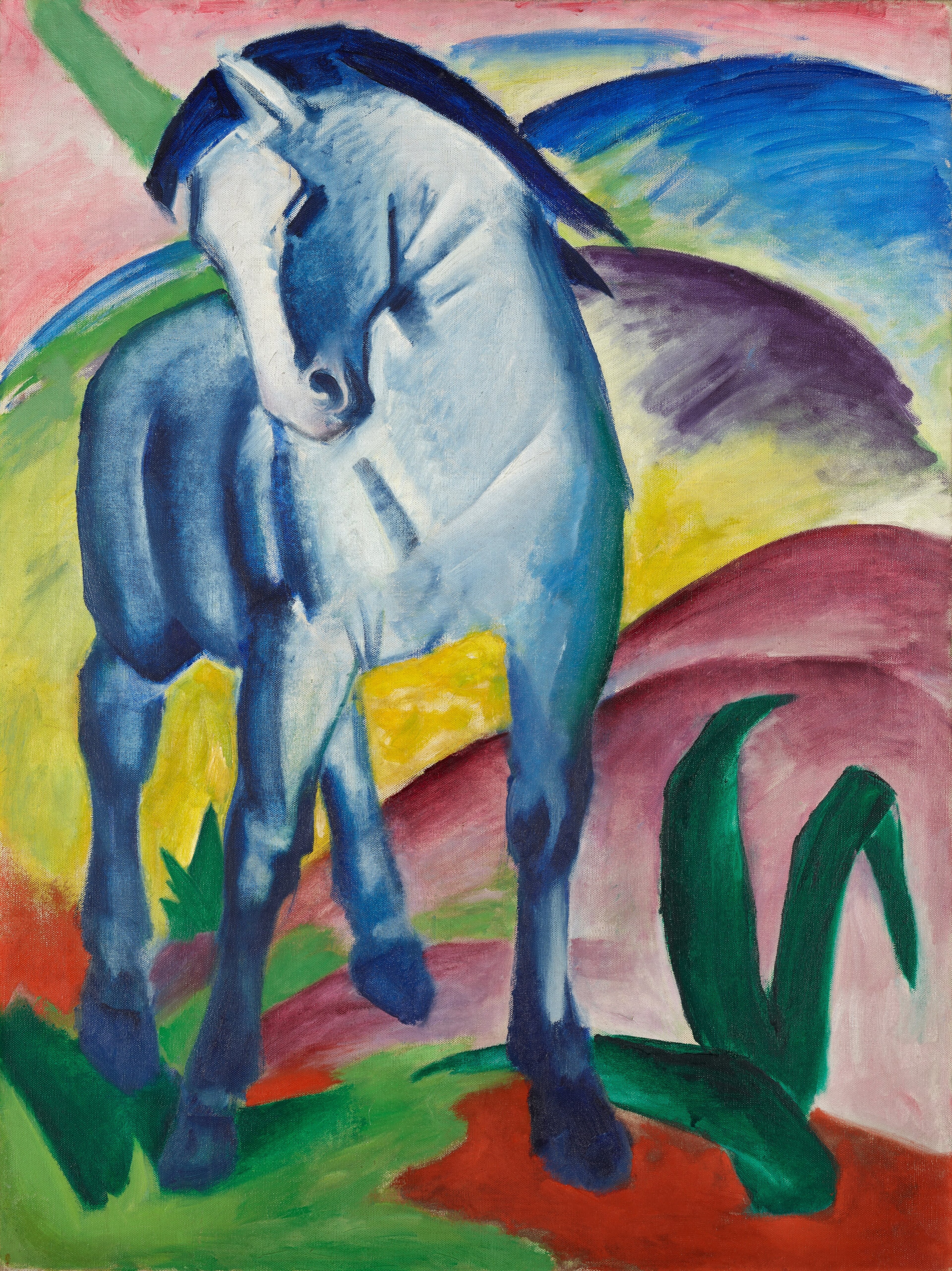 A blue horse bows its head before rounded red and green hills in Franz Marc's Blue Horse I.