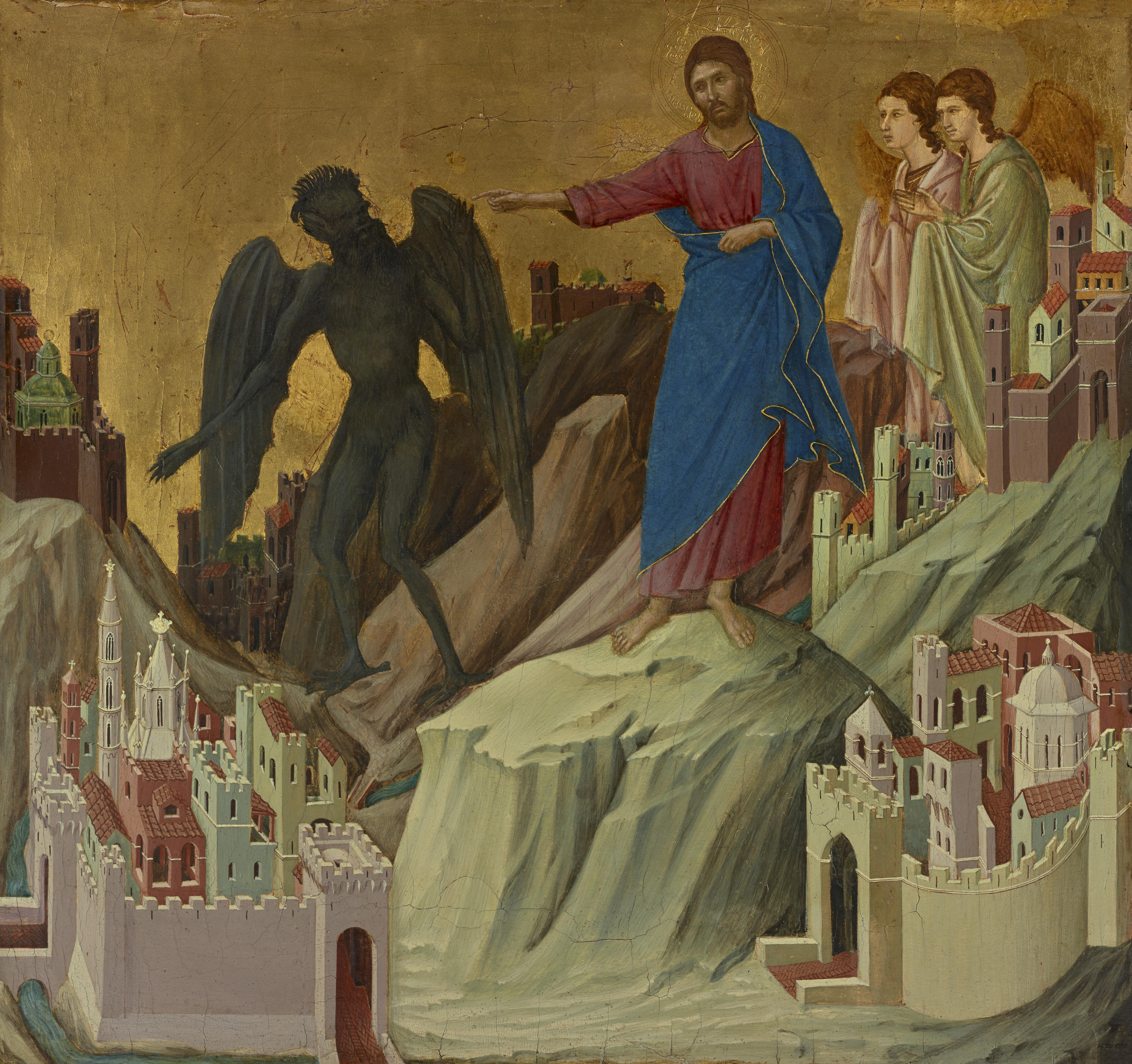 Duccio's The Temptation of Christ on the Mountain shows Christ dismissing a dark winged devil above miniature walled cities, with two angels behind him.