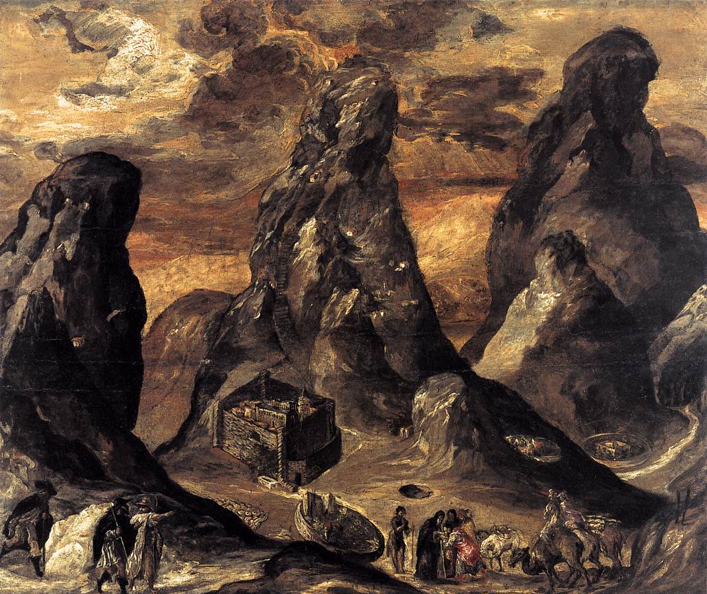 El Greco's View of Mt. Sinai and the Monastery of St. Catherine shows three steep peaks, pilgrims and pack animals around the monastery.