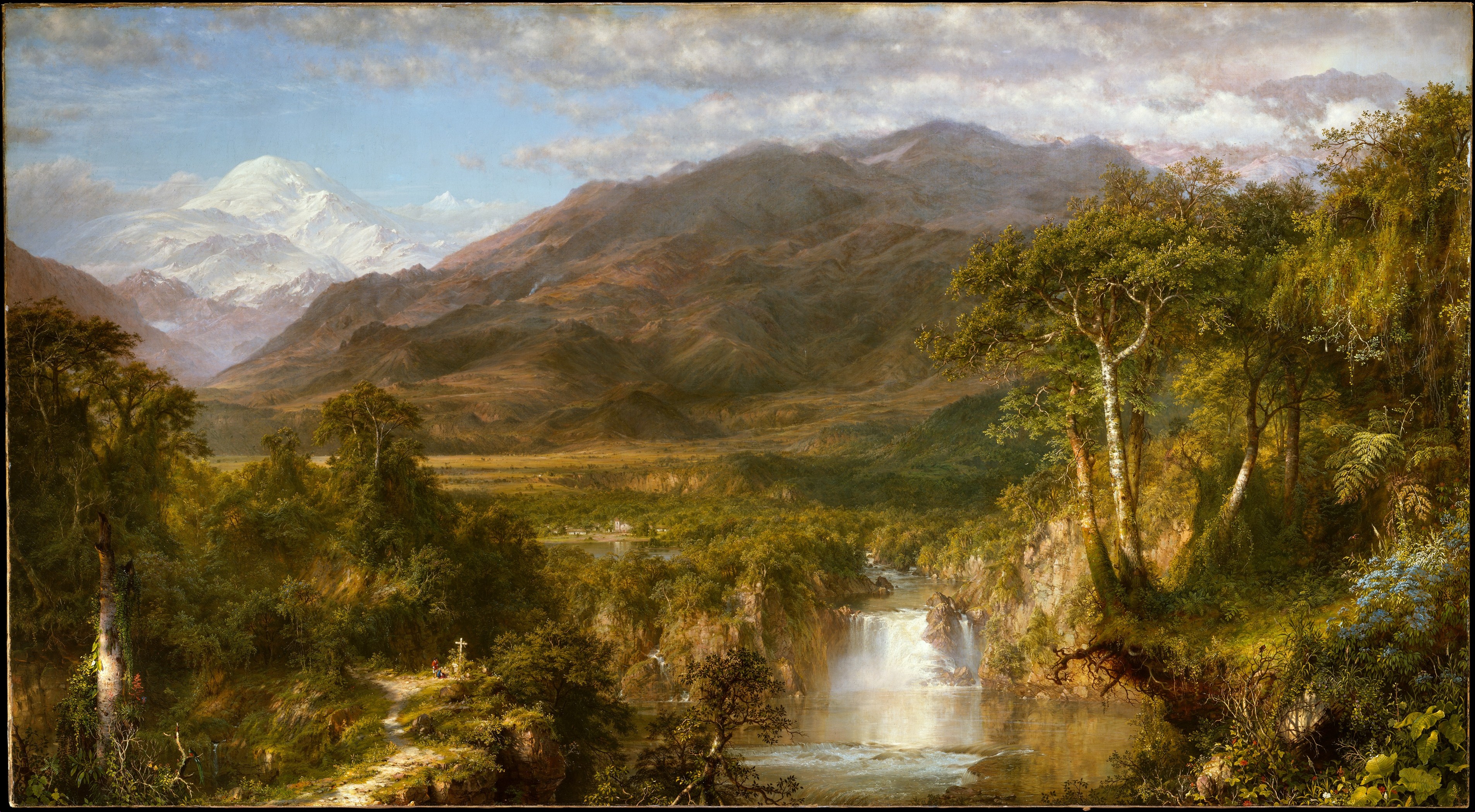 Church's Heart of the Andes shows a vast Andean valley with forests, waterfalls, a river and distant snow-covered peaks.
