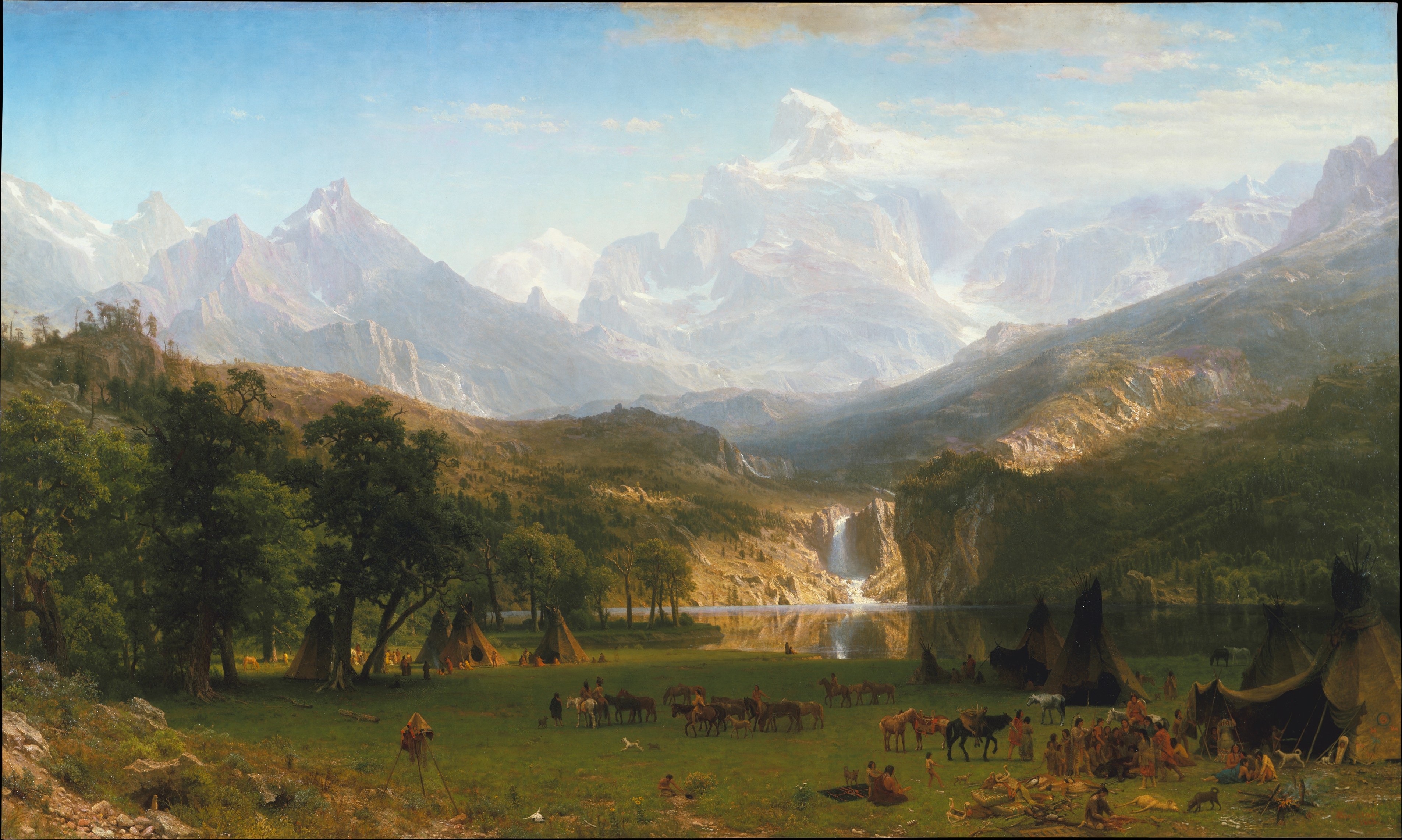 Bierstadt's The Rocky Mountains, Lander's Peak shows a Shoshone encampment beside a lake below an immense sunlit mountain range.