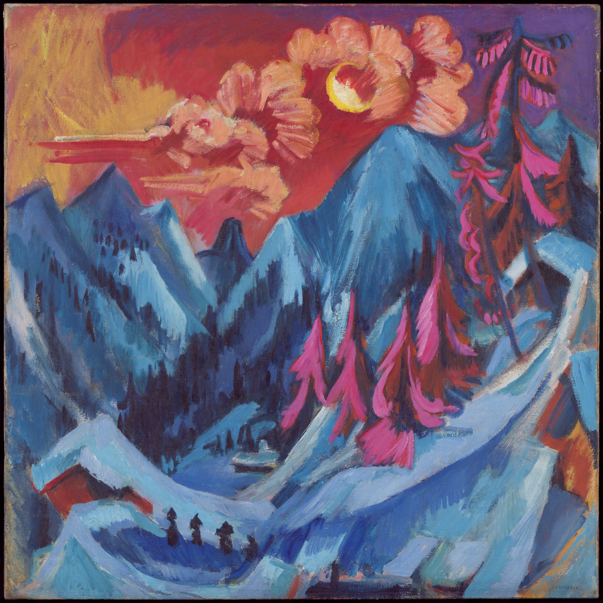 Kirchner's Winter Landscape in Moonlight shows blue snow-covered Alpine peaks and pink trees beneath orange clouds and a glowing moon.