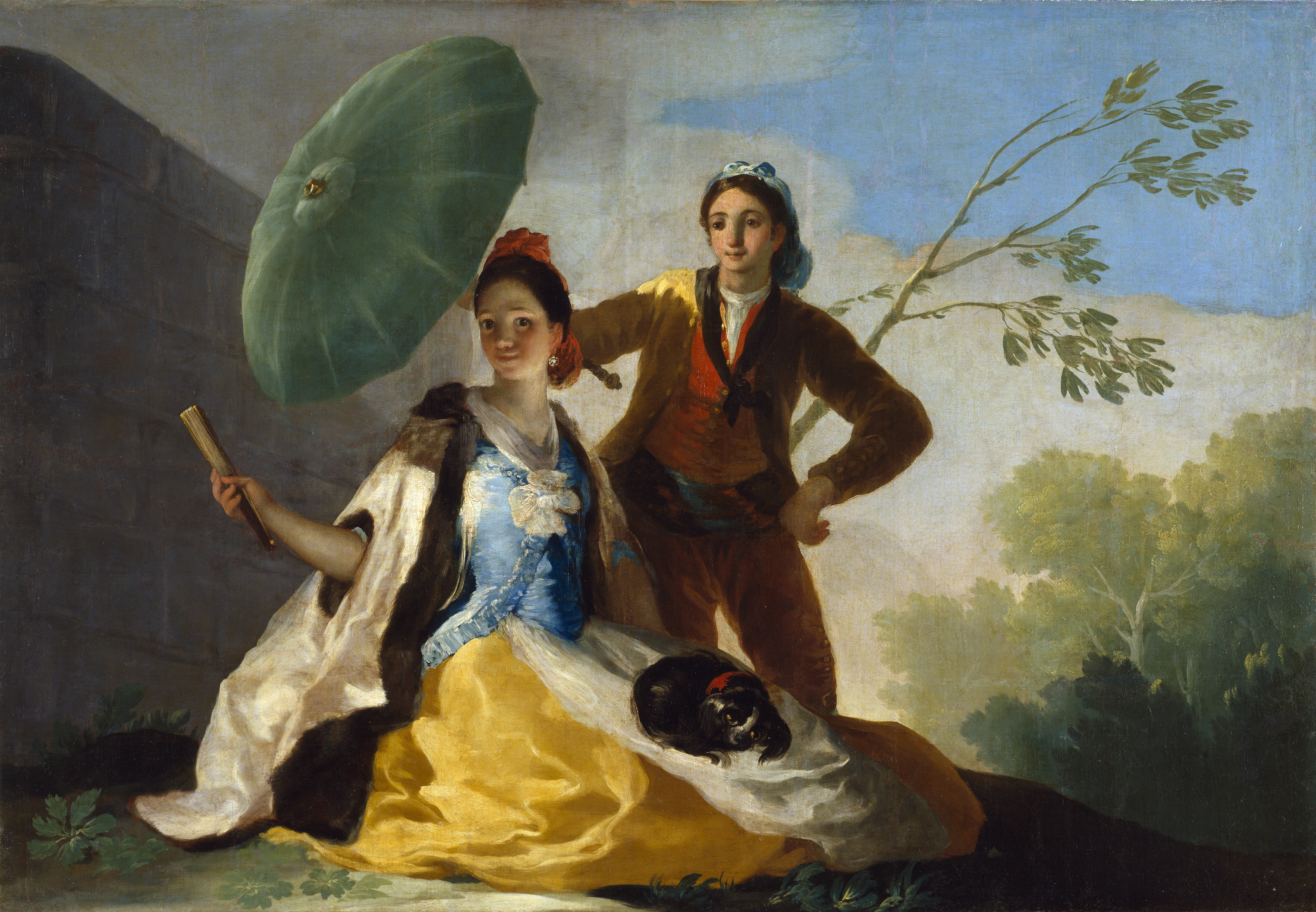 Goya's The Parasol shows a seated woman shaded by a green parasol held by a standing man, with a small dog on her lap.