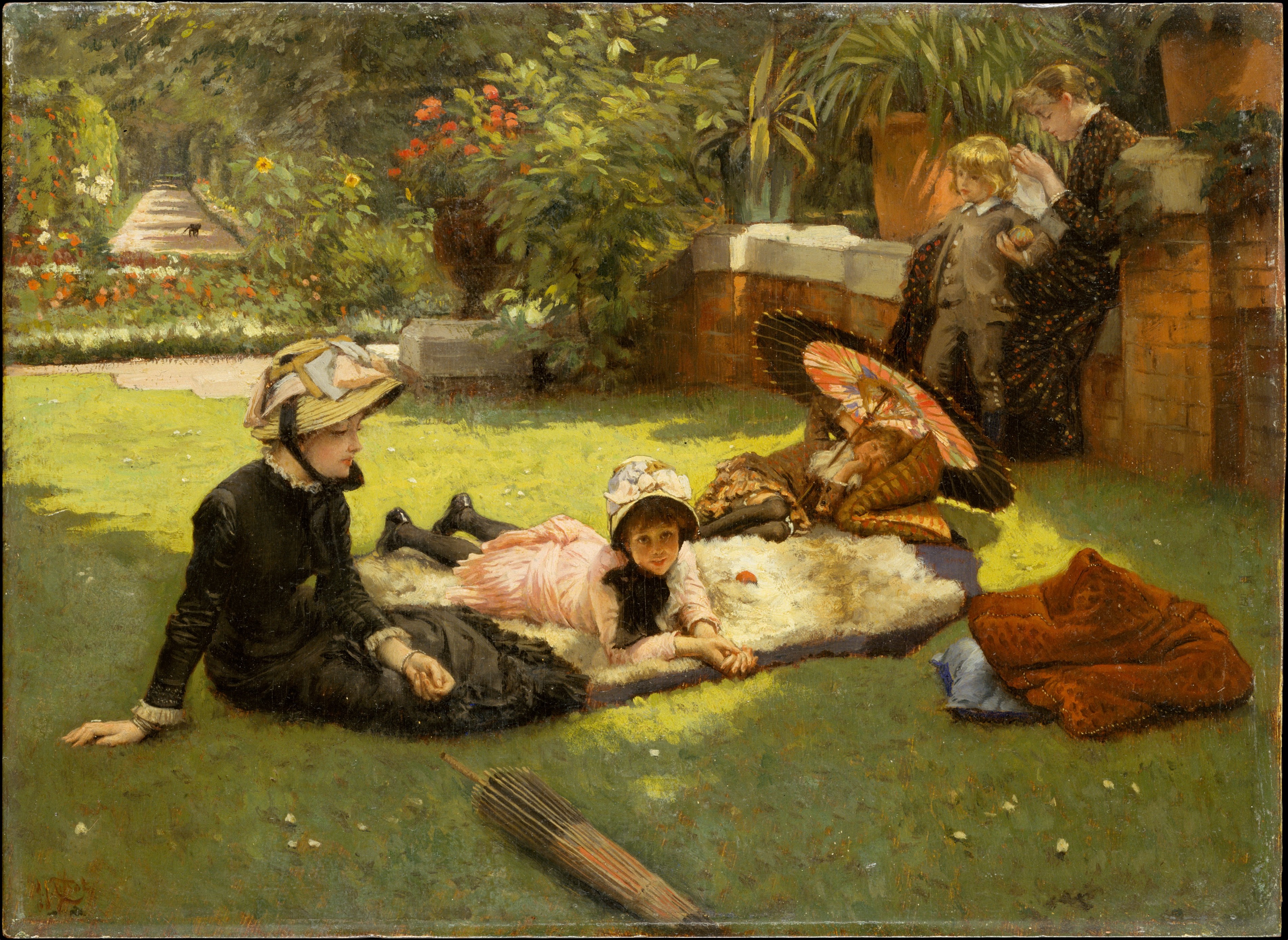 Tissot's In Full Sunlight shows women and children resting on rugs in a bright garden beside an open patterned parasol.