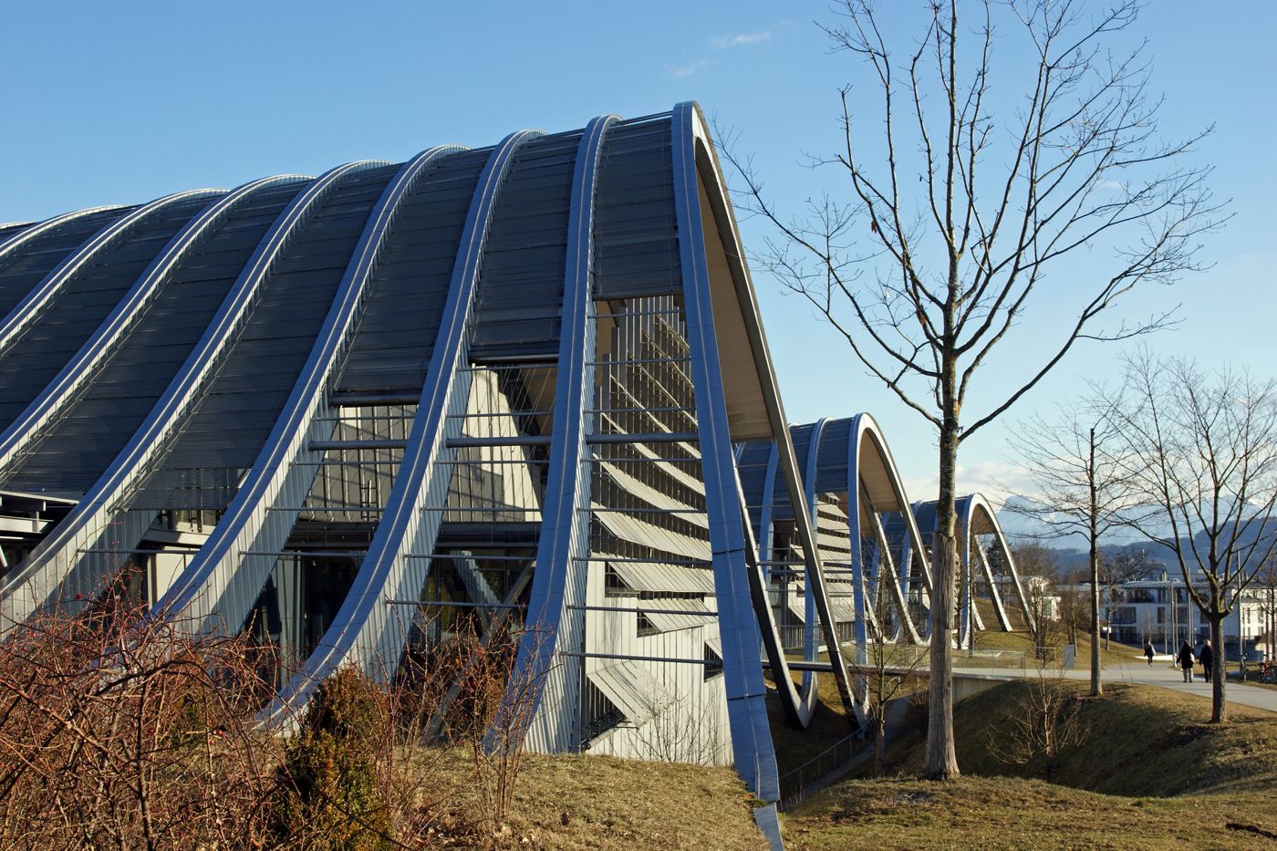 Zentrum Paul Klee in Bern, with repeated curved steel roofs and a glass frontage