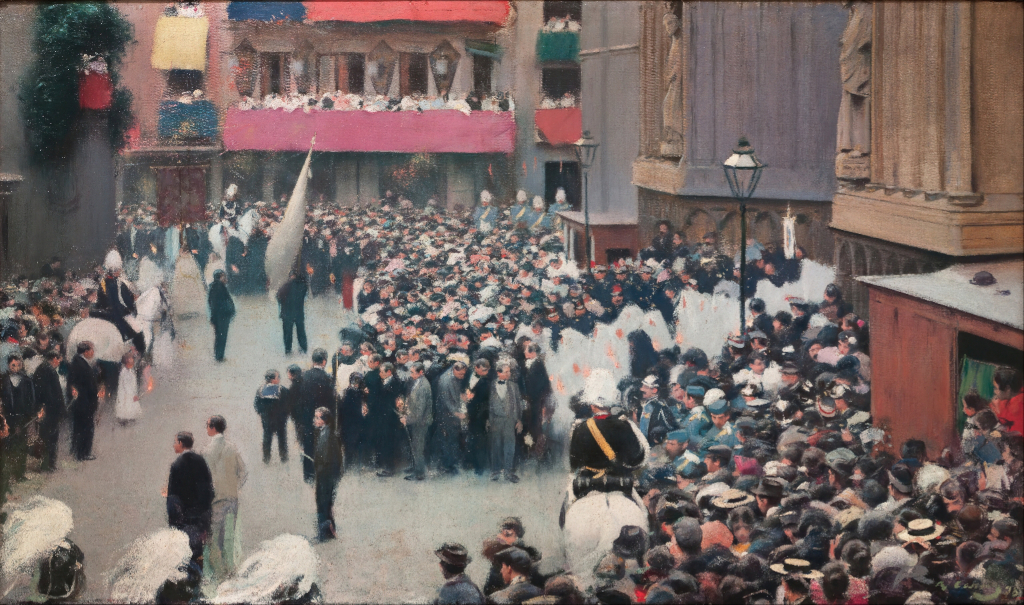 Ramon Casas' Corpus Christi Procession Leaving Santa Maria del Mar, showing a crowd and procession outside the church
