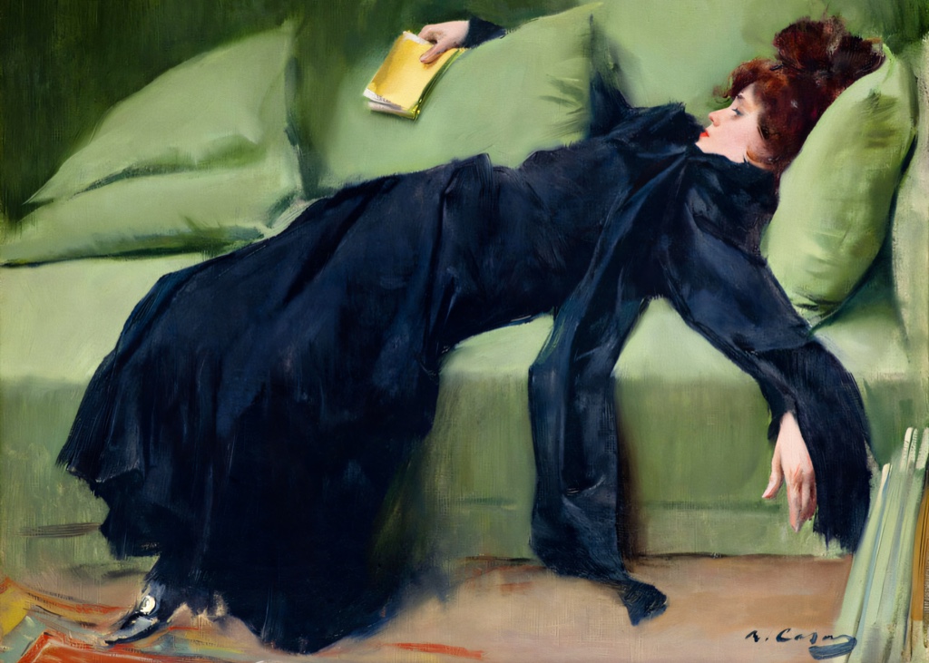 Ramon Casas' Decadent Young Woman After the Dance, showing a woman in black reclining on a green sofa