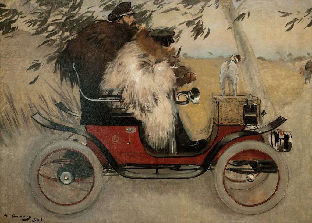 Ramon Casas and Pere Romeu in an Automobile, showing the pair driving a red motor car