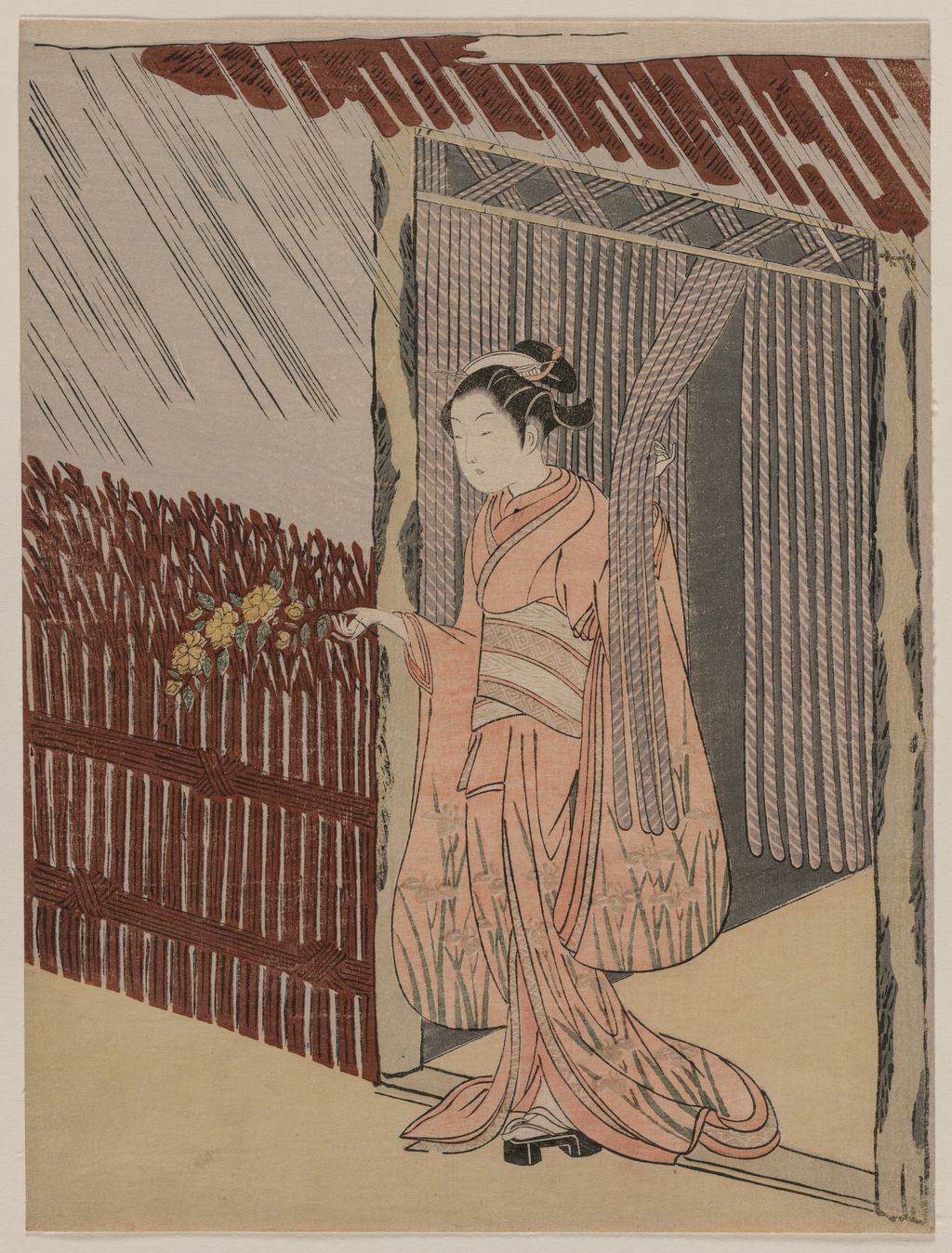 鈴木春信《A Girl Dressing in Pink》、桃色の着物と簾、クリーブランド美術館