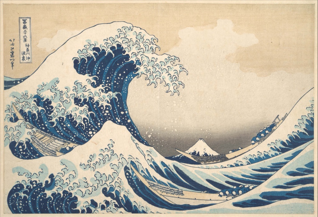 Hokusai's horizontal Great Wave woodblock print with the rectangular paper sheet visible.