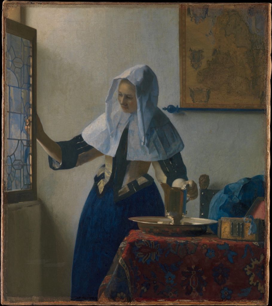Vermeer's Young Woman with a Water Pitcher on a small, nearly square vertical canvas.
