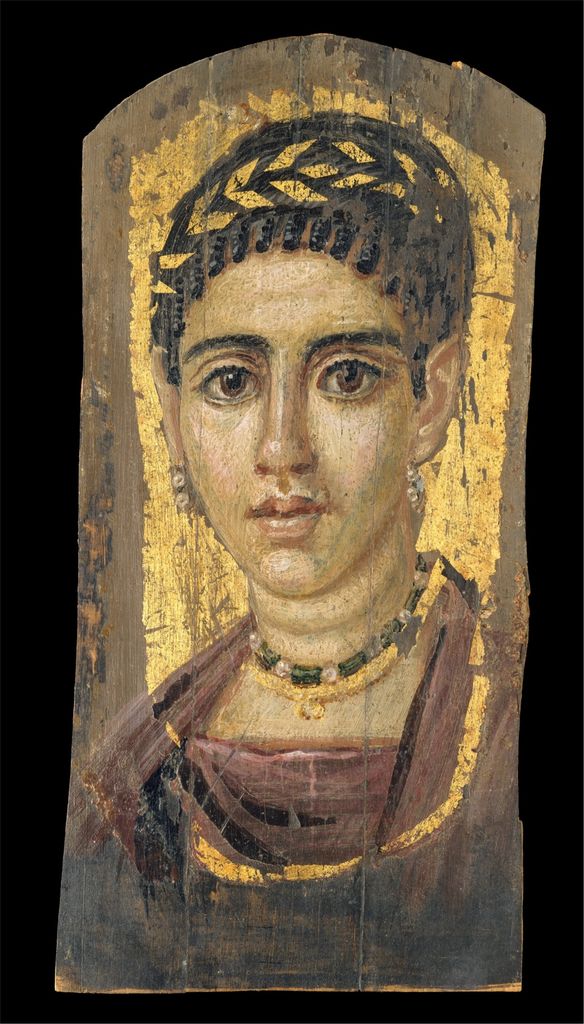 Encaustic portrait of a young woman with jewellery and a gilded wreath.