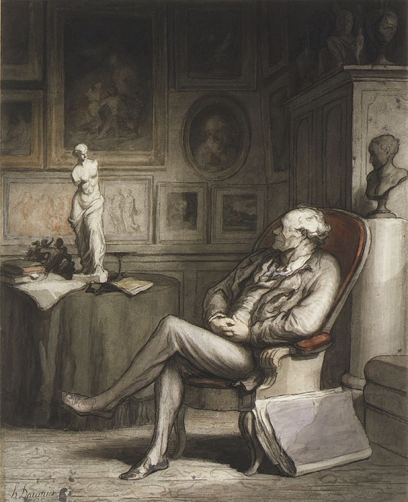 Daumier mixed-media caricature of a viewer leaning closely toward a framed picture.