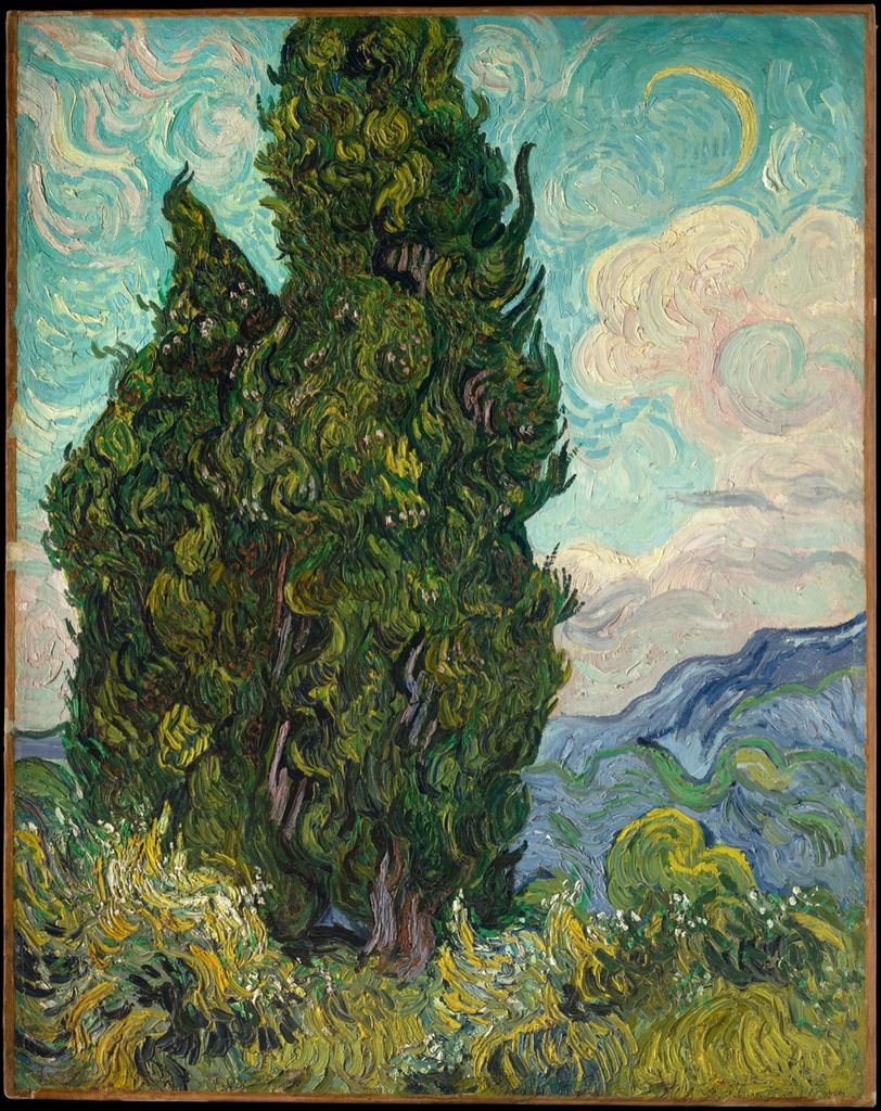 Van Gogh oil painting of dark cypress trees built from swirling impasto strokes.