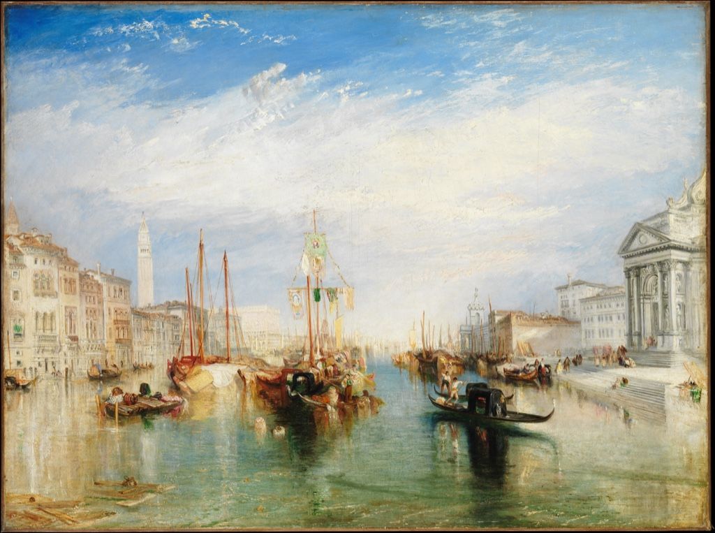 Turner view of luminous Venice with boats and architecture dissolving into atmosphere.