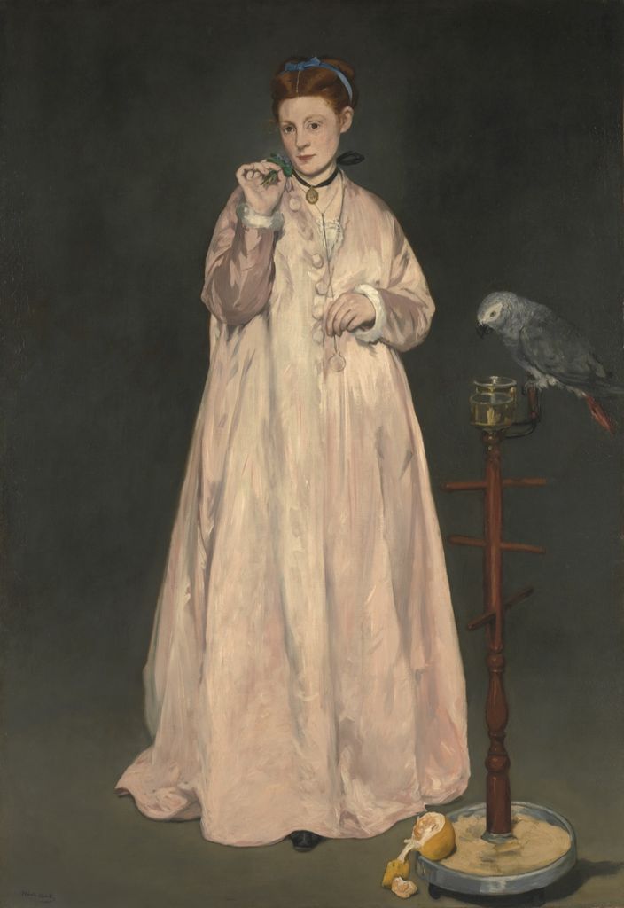 Manet portrait of a young woman in a pale gown with flowers and a parrot.