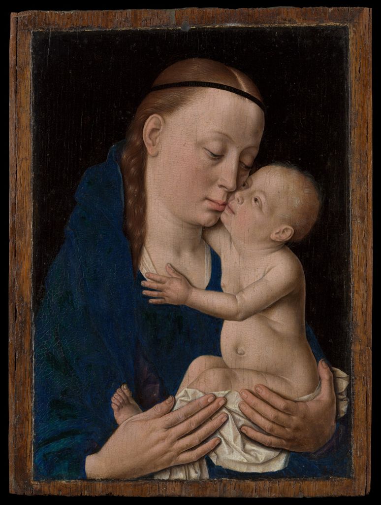 Small Northern Renaissance oil panel of the Virgin and Child before a textile.