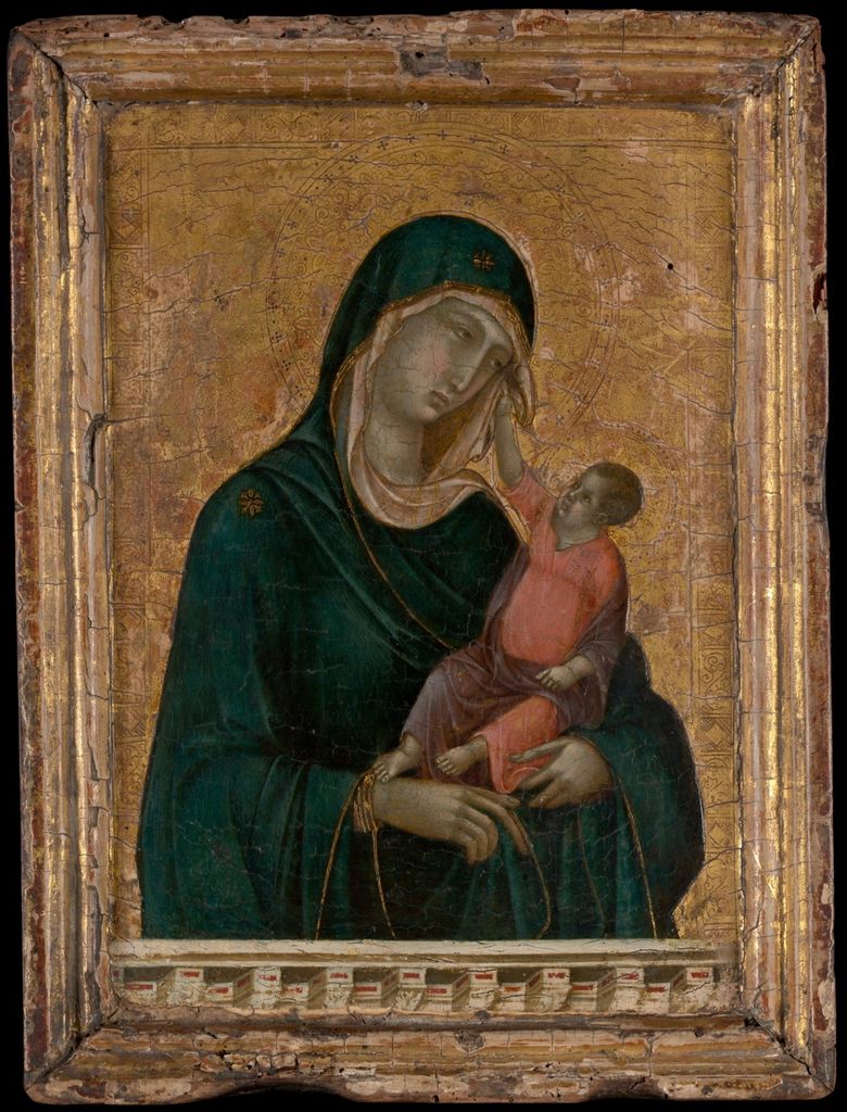 Small pointed gold-ground wooden panel of the Madonna and Child.