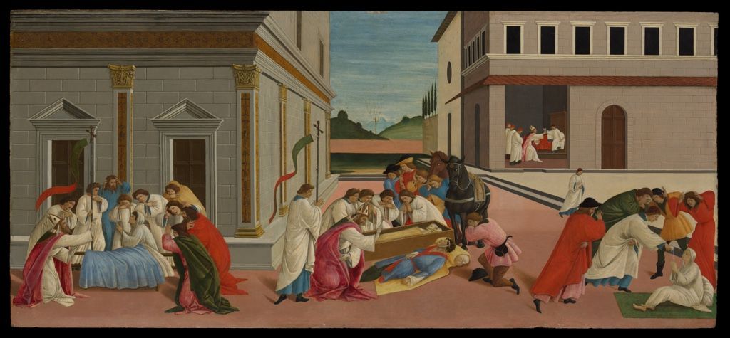 Wide Renaissance tempera panel showing three miracle scenes along a Florentine street.