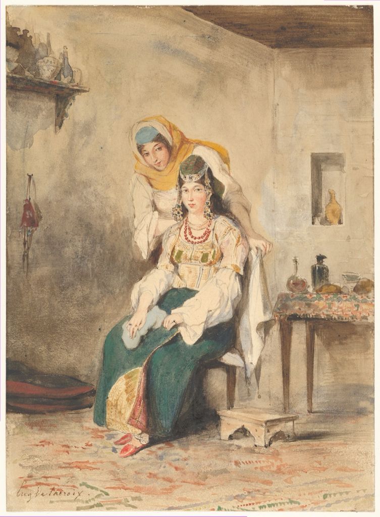 Delacroix watercolor study of a seated mother and daughter in Tangier.