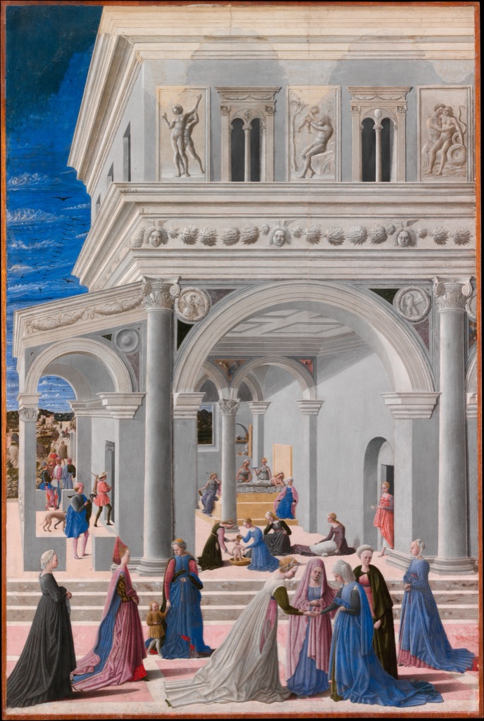 Fra Carnevale's Birth of the Virgin shows a tall palace interior with tiled floors, columns and diminishing figures.