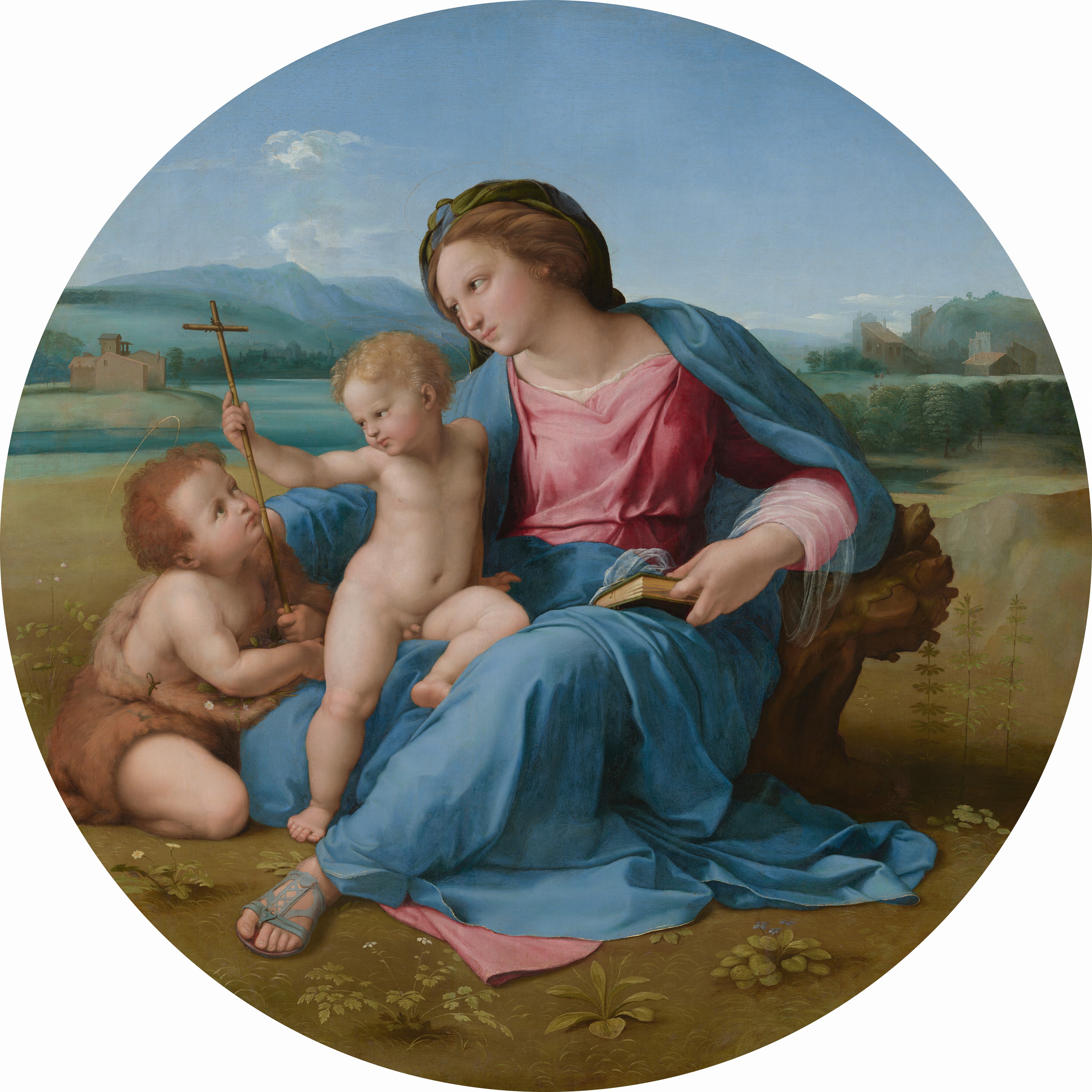 Raphael's round Alba Madonna keeps three interacting figures within a circular landscape.