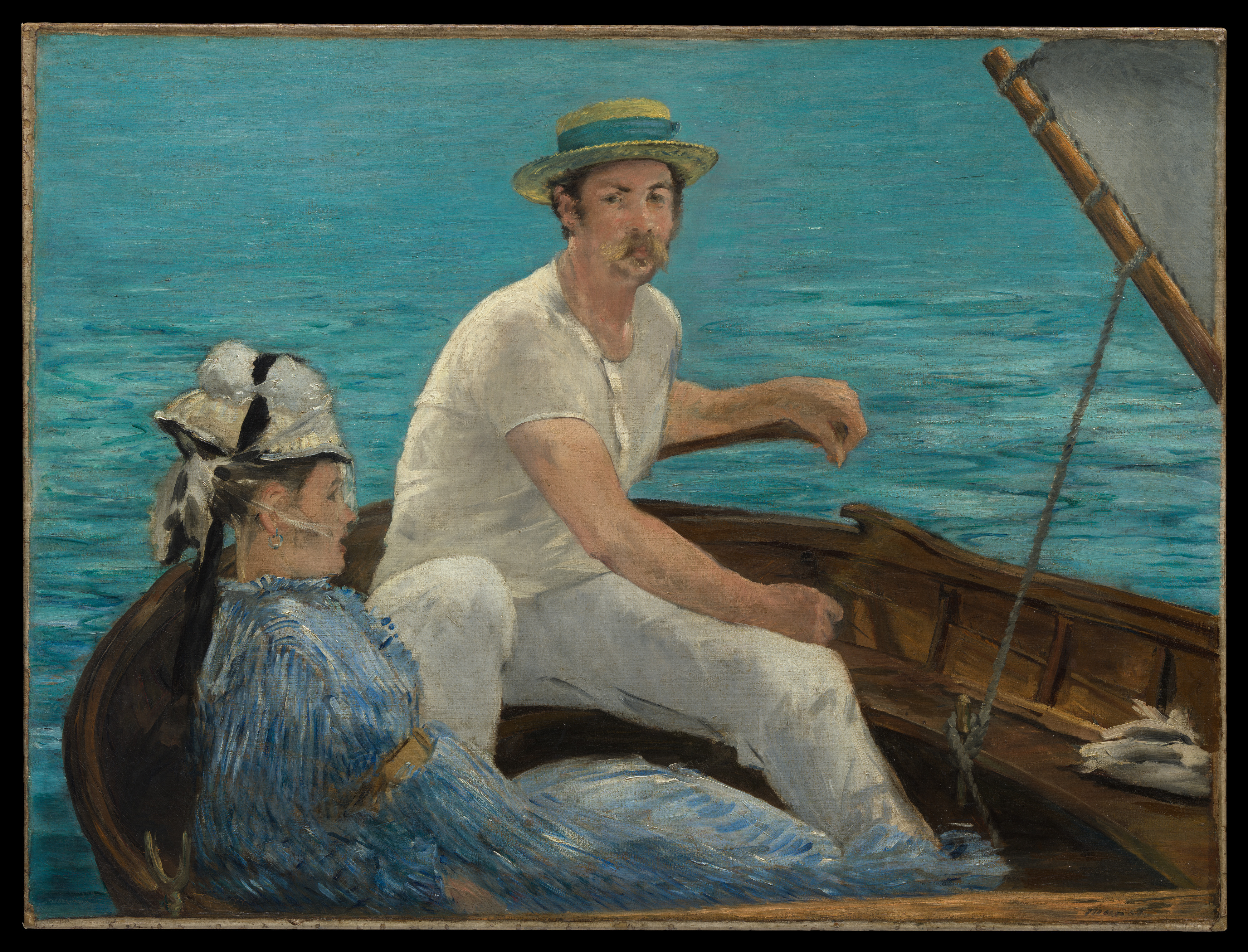 Manet's Boating places two cropped figures and a pale sail against a broad blue field.