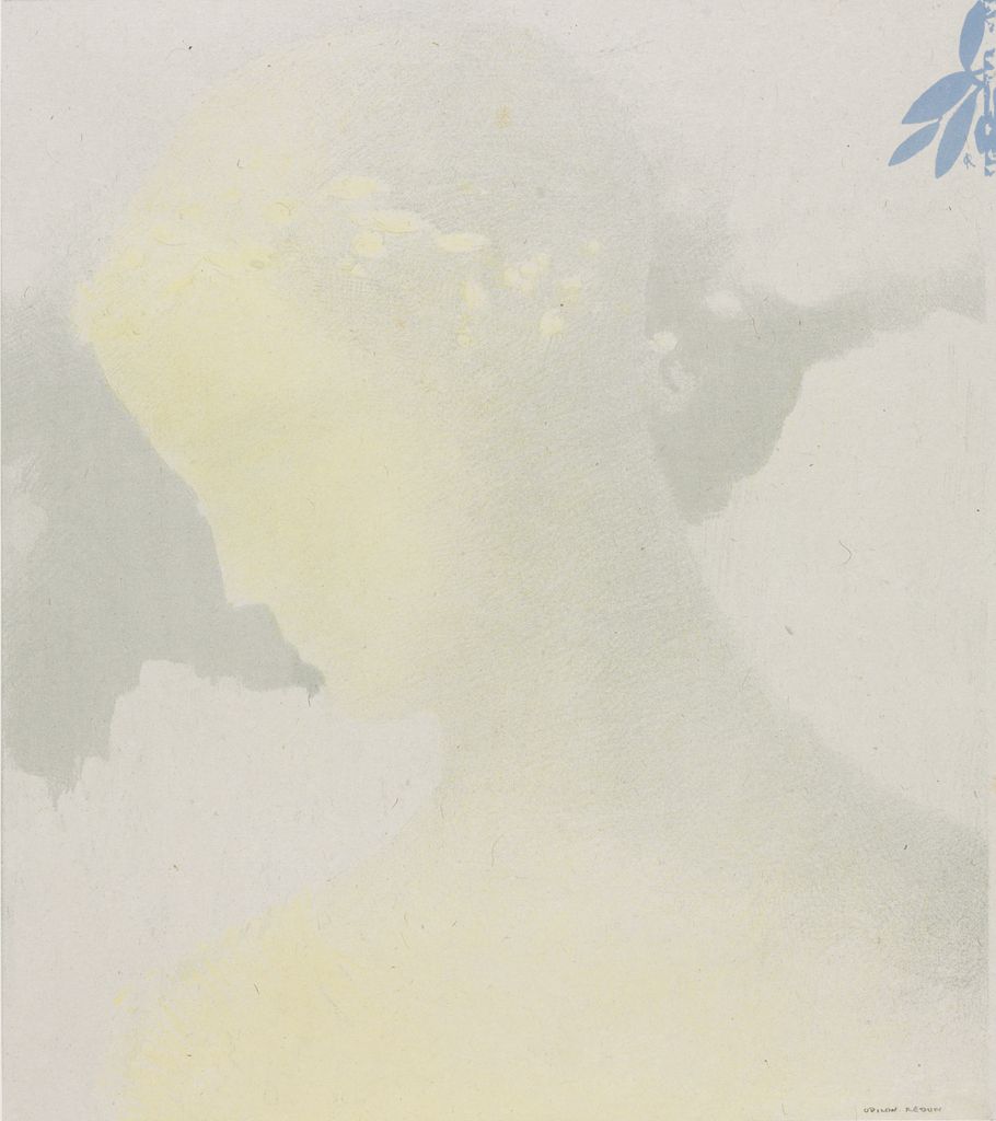 A pale color lithograph builds a profile from muted yellow, gray and green with a small blue plant form at upper right.