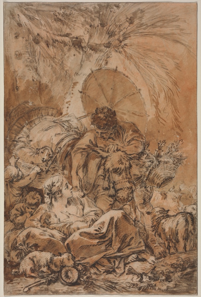A family and animals are drawn with brown-black line, brown wash, red chalk and dark accents on cream paper.