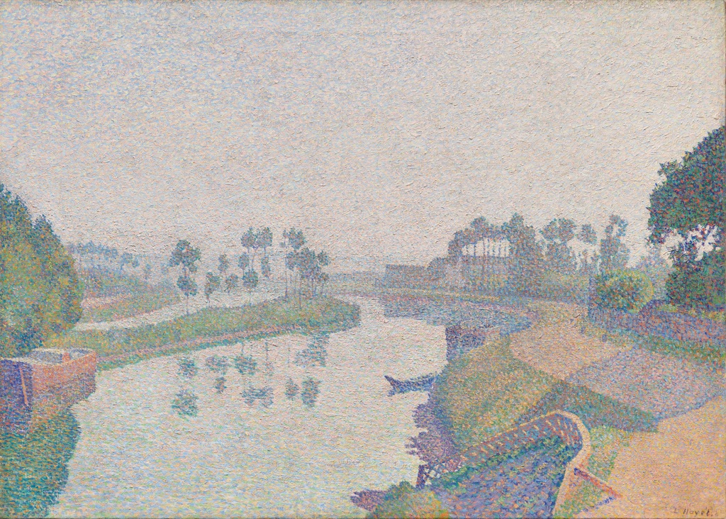 A pale river landscape is built from separate pink, orange, blue, yellow and green strokes, with darker clusters defining banks, trees and figures.