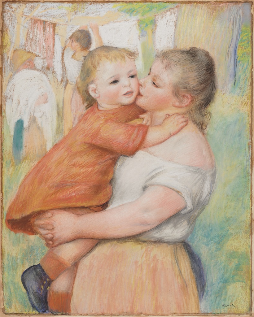 An orange-red child rests in a pale figure group bordered by blue-green and yellow-green outdoor pastel strokes on brown paper.
