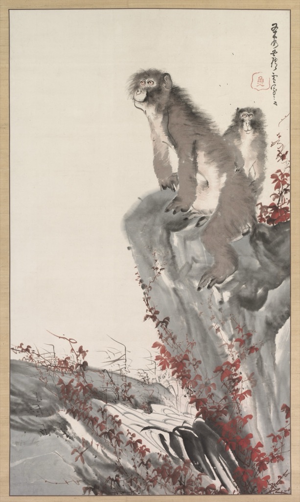 Two gray-brown monkeys sit on an ink-washed rock among small red vines and large areas of open paper.