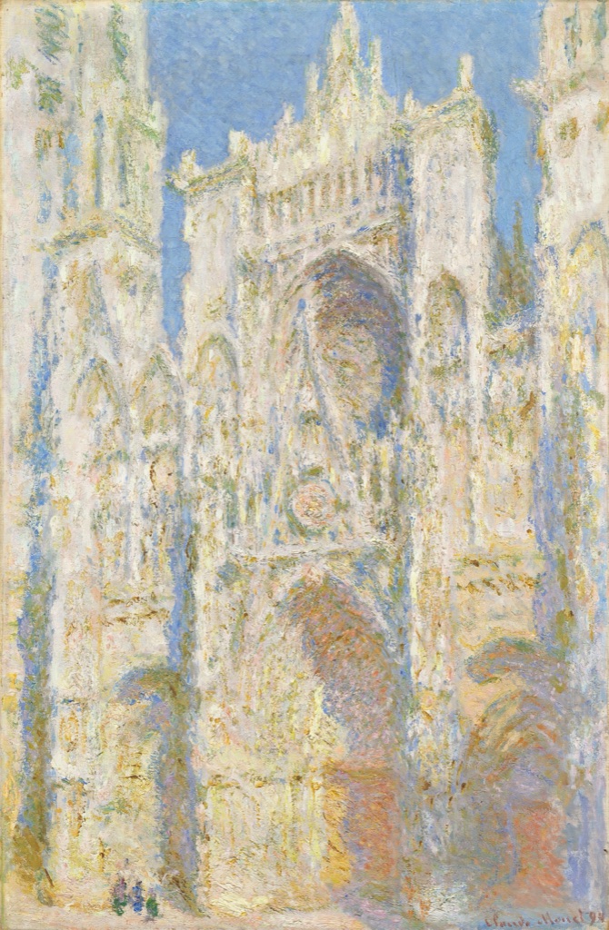 Monet's Rouen Cathedral façade shimmers in pale blue, cream, gold and pink strokes beneath a blue sky.