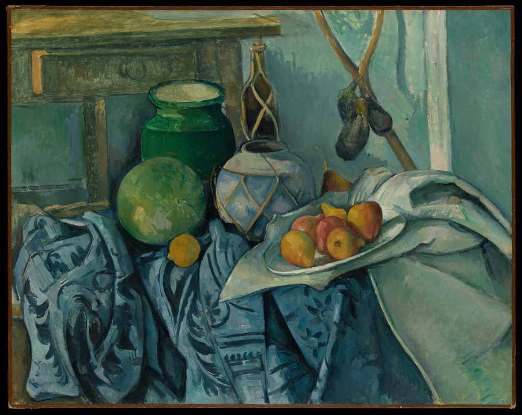 Cézanne's complete still life places a ginger jar, fruit, cloth and eggplants before patterned and muted surrounding passages.