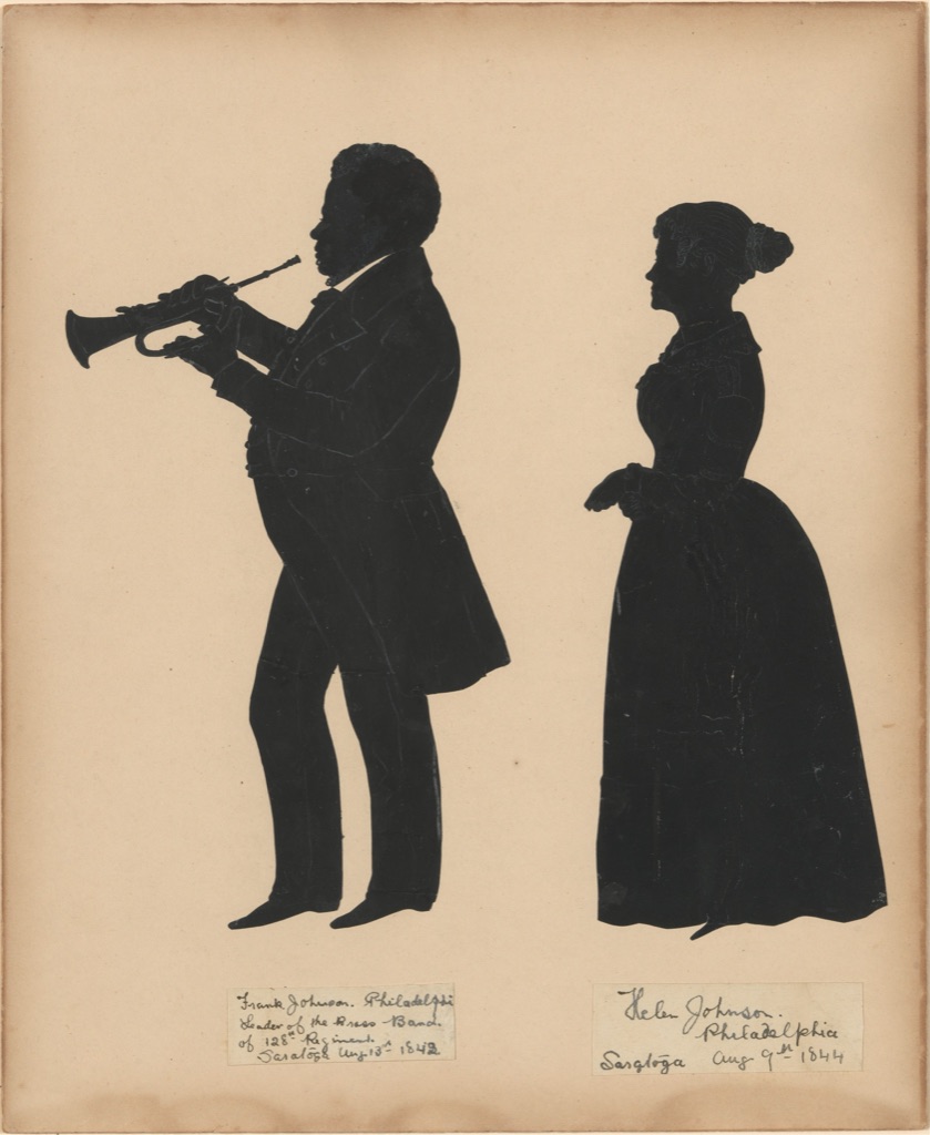 Auguste Edouart's complete mounted pair shows Frank Johnson playing a keyed bugle beside Helen Johnson as dark cut-paper profiles on a light sheet.