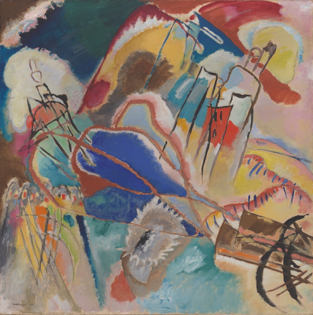 Kandinsky's complete Improvisation No. 30 contains irregular red blue yellow green and black painted areas separated by partial edges and lines.