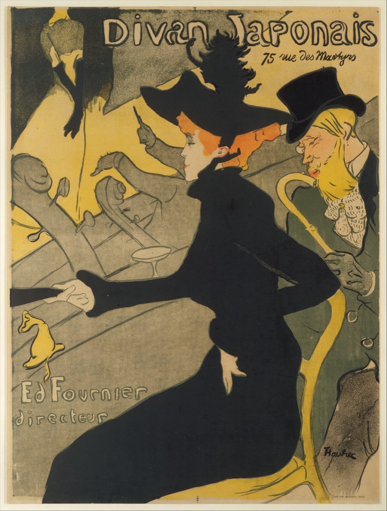 Toulouse-Lautrec's complete Divan Japonais lithograph uses large black cropped figure profiles beside flat yellow red and grey areas.