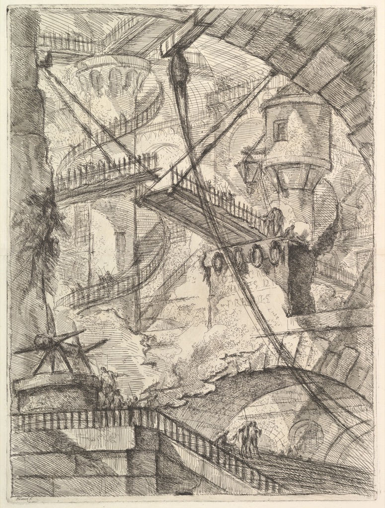 Piranesi's Drawbridge fills an immense prison interior with arches, stairs, bridges, platforms and tiny figures whose connections are difficult to resolve.